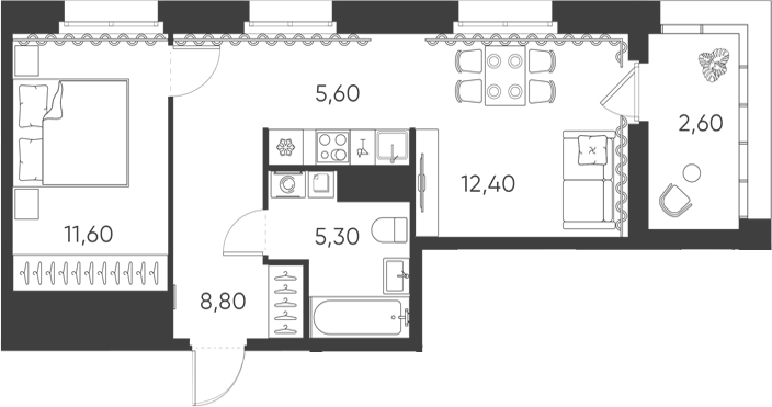 Планировка евродвушка (2Е) 46.3 м² в ЖК «Моисеенко, 10», корпус 3