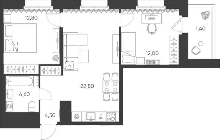 Планировка евротрёшка (3Е) 58.1 м² в ЖК «Моисеенко, 10», корпус 4