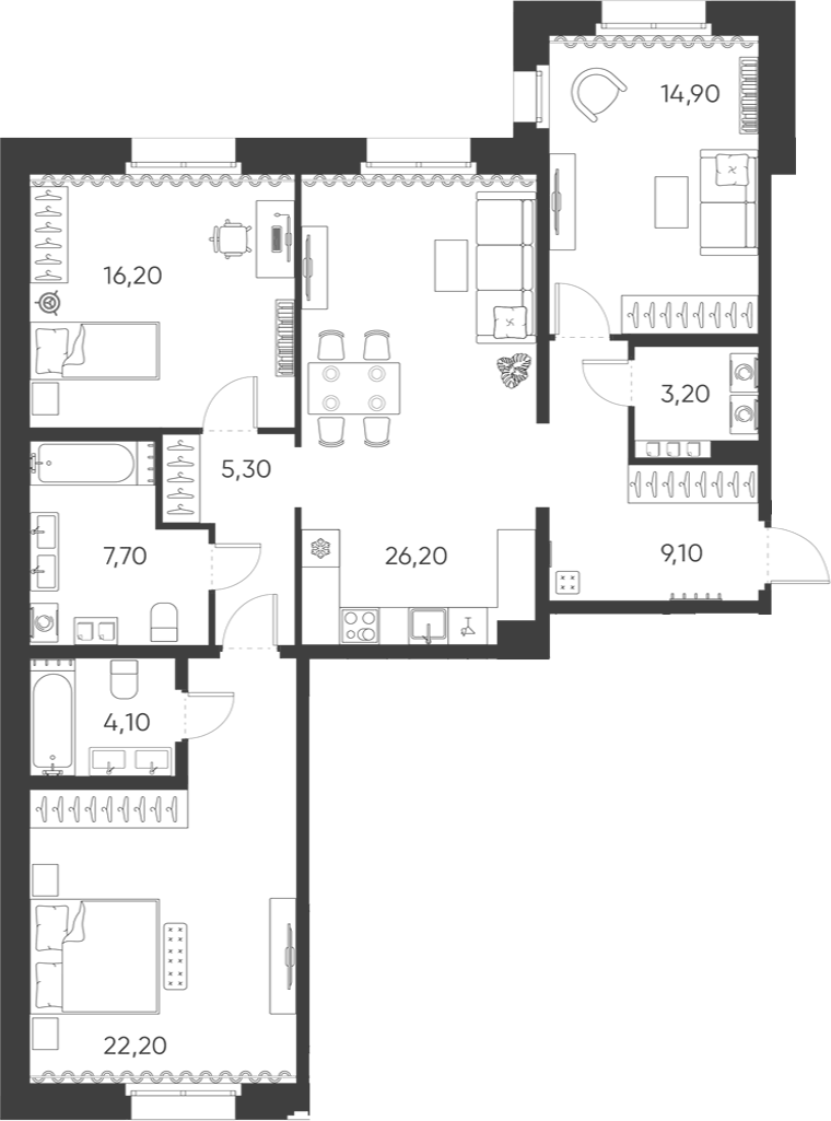 Планировка евро-4 (4Е) 108.9 м² в ЖК «Моисеенко, 10», корпус 2