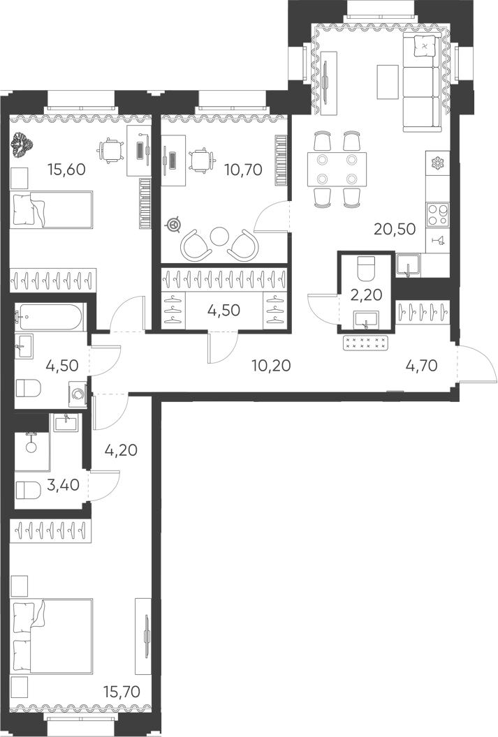 Планировка евро-4 (4Е) 96.2 м² в ЖК «Моисеенко, 10», корпус 2