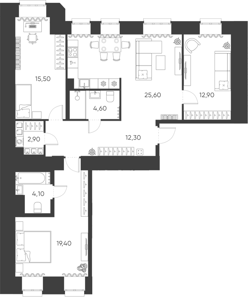 Планировка евро-4 (4Е) 97.3 м² в ЖК «Моисеенко, 10», корпус 1