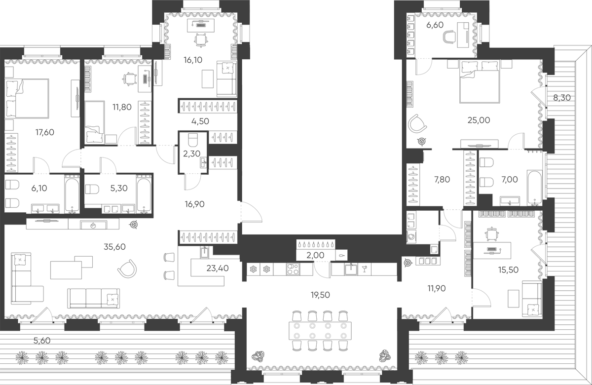 Планировка пятикомнатная 251.3 м² в ЖК «Моисеенко, 10», корпус 2