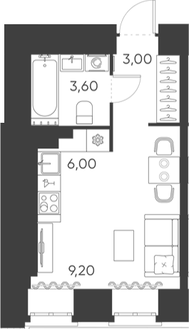 Планировка Студии 21.8 м² в ЖК «Моисеенко, 10», корпус 1