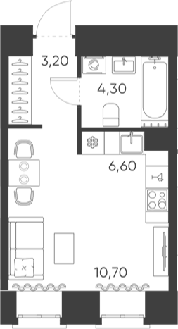 Планировка Студии 24.8 м² в ЖК «Моисеенко, 10», корпус 1
