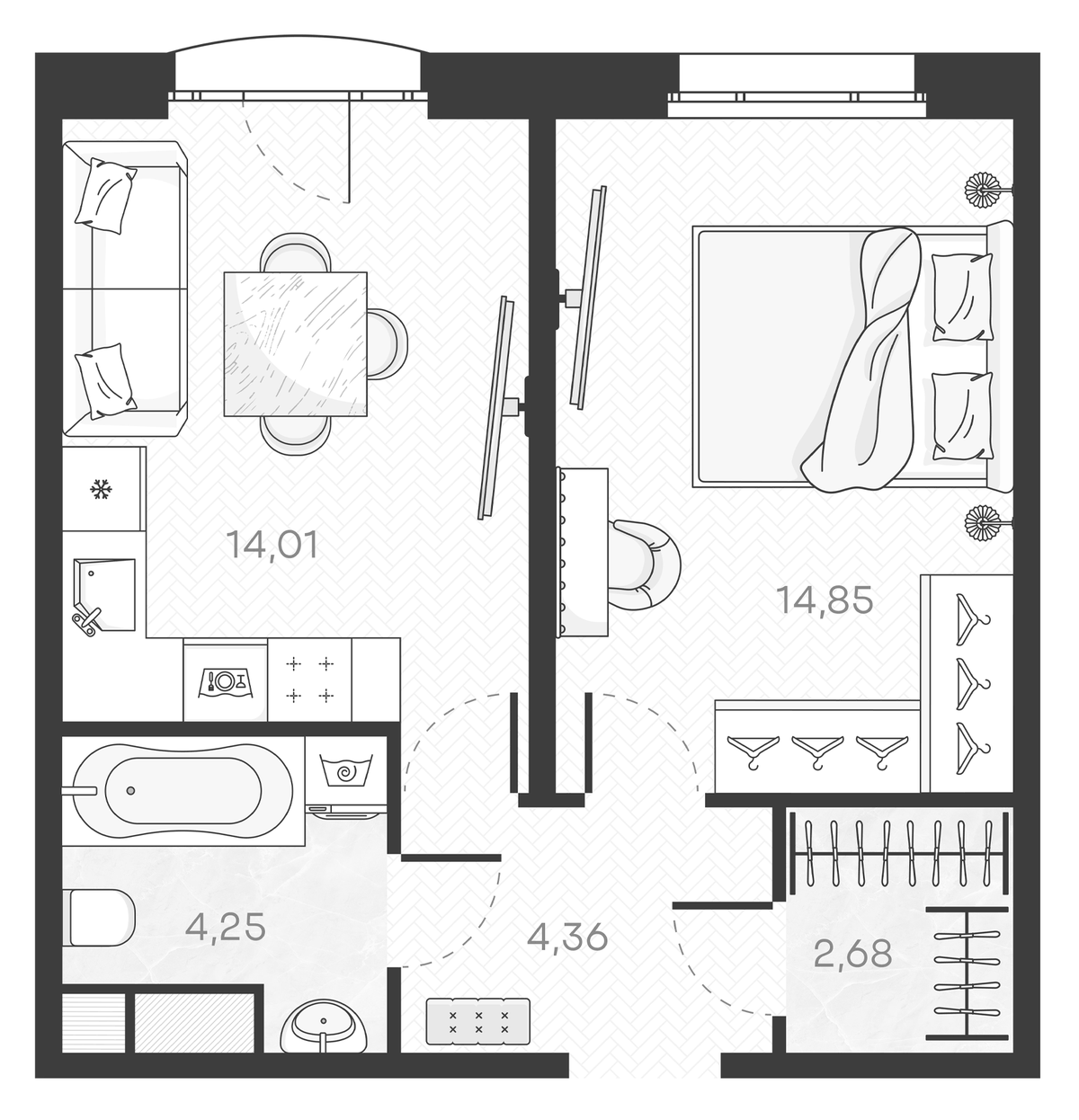 Планировка однокомнатная 40.69 м² в ЖК «Monodom Art», корпус 1