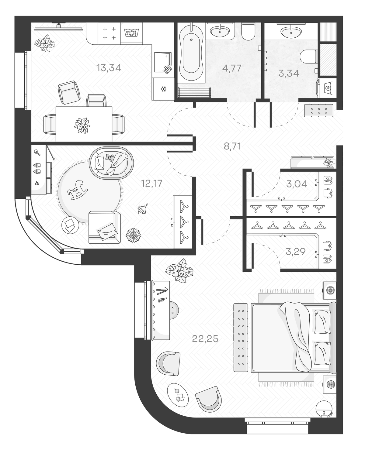 Планировка двухкомнатная 70.91 м² в ЖК «Monodom Art», корпус 1