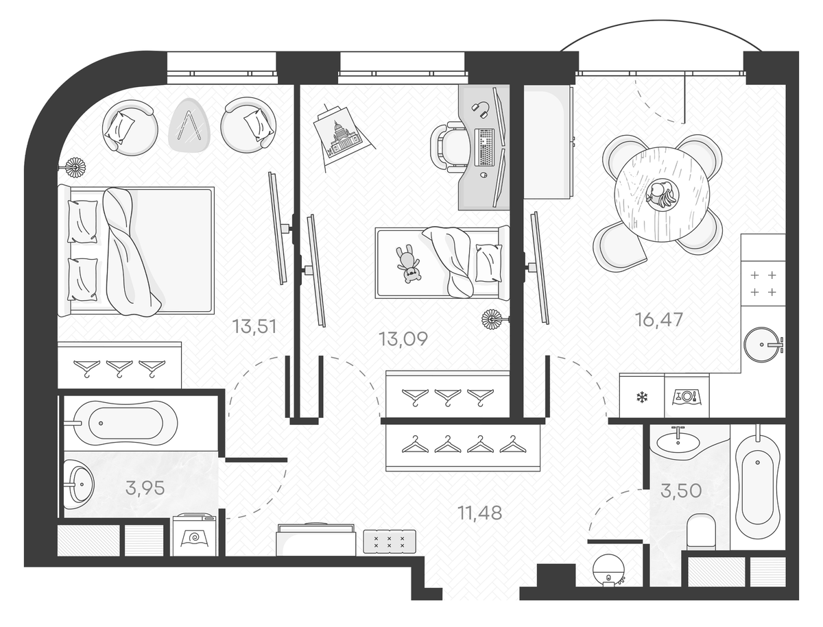 Планировка евротрёшка (3Е) 62.75 м² в ЖК «Monodom Art», корпус 1