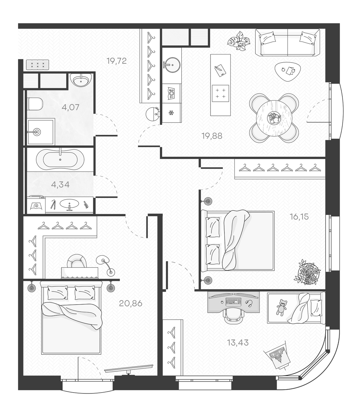Планировка евро-4 (4Е) 99.65 м² в ЖК «Monodom Art», корпус 1