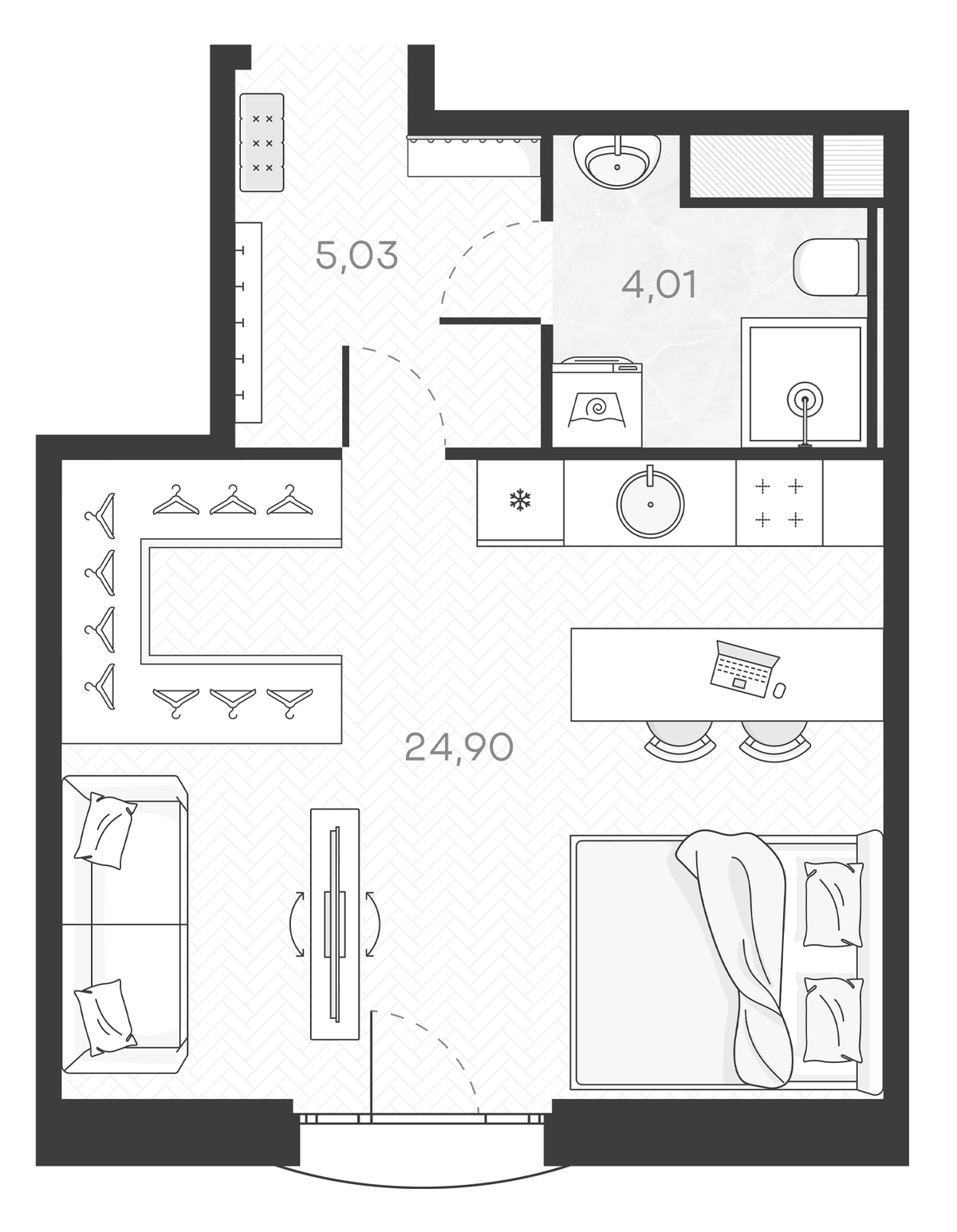 Планировка Студии 34.64 м² в ЖК «Monodom Art», корпус 1