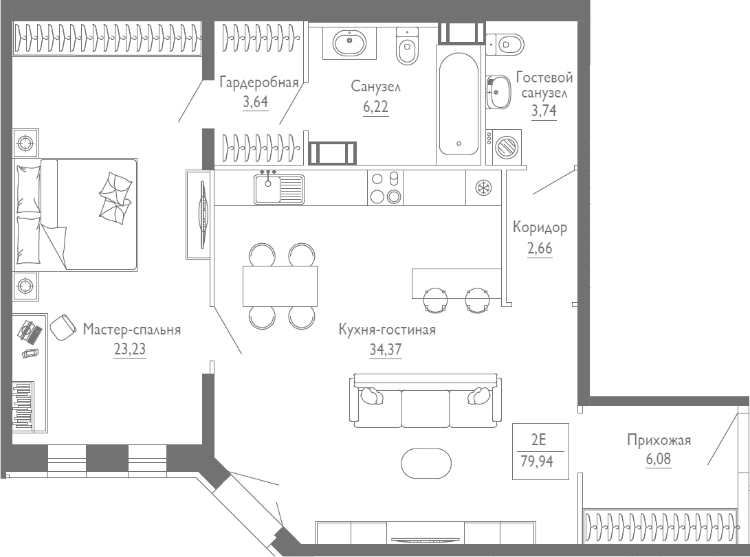 Планировка евродвушка (2Е) 79.94 м² в ЖК «Monodom Line», корпус 1