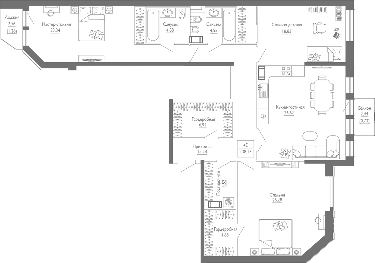 Планировка евро-4 (4Е) 136.6 м² в ЖК «Monodom Line», корпус 1