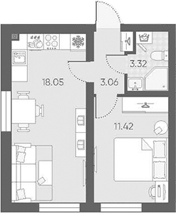 Планировка евродвушка (2Е) 35.85 м² в ЖК «Морская миля», корпус 7