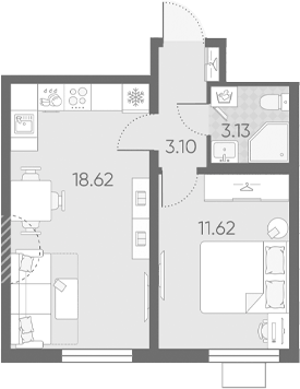 Планировка евродвушка (2Е) 36.47 м² в ЖК «Морская миля», корпус 8