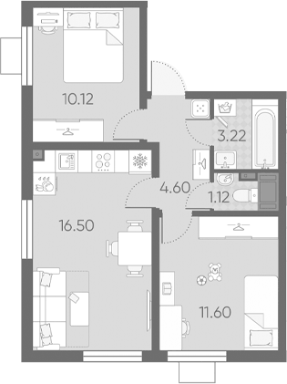 Планировка евротрёшка (3Е) 47.16 м² в ЖК «Морская миля», корпус 8