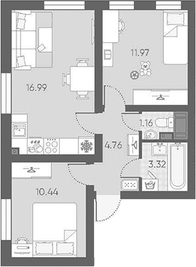 Планировка евротрёшка (3Е) 48.64 м² в ЖК «Морская миля», корпус 7