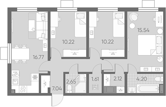 Планировка евро-4 (4Е) 70.37 м² в ЖК «Морская миля», корпус 10