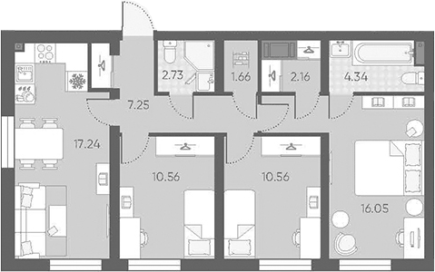 Планировка евро-4 (4Е) 72.55 м² в ЖК «Морская миля», корпус 7