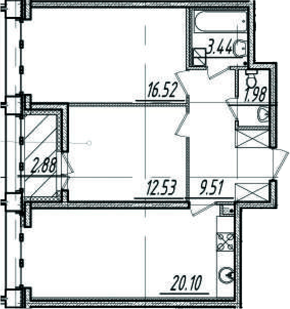 Планировка евротрёшка (3Е) 64.8 м² в ЖК «Морская набережная», корпус 12.7 SeaView