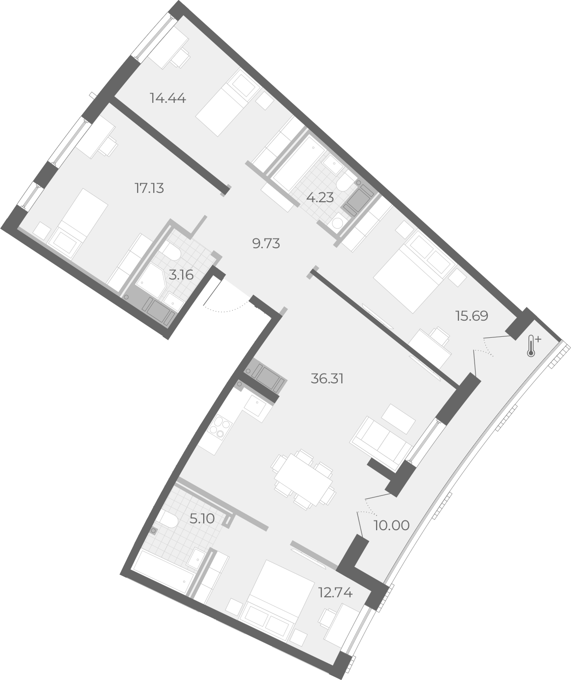 Планировка 5Е-к.кв 123.9 м² в ЖК «Морская набережная», корпус 12.6 SeaView