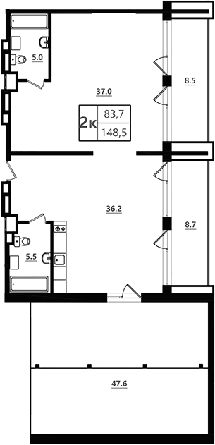 Планировка евродвушка (2Е) 148.5 м² в ЖК «Морская Ривьера», корпус 1