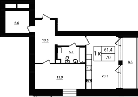Планировка евродвушка (2Е) 70 м² в ЖК «Морская Ривьера», корпус 1