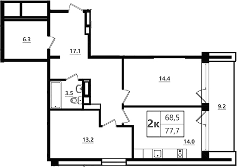 Планировка двухкомнатная 79.9 м² в ЖК «Морская Ривьера», корпус 1