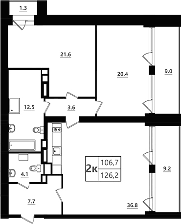 Планировка евротрёшка (3Е) 126.2 м² в ЖК «Морская Ривьера», корпус 1