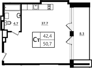 Планировка Студии 50.7 м² в ЖК «Морская Ривьера», корпус 1