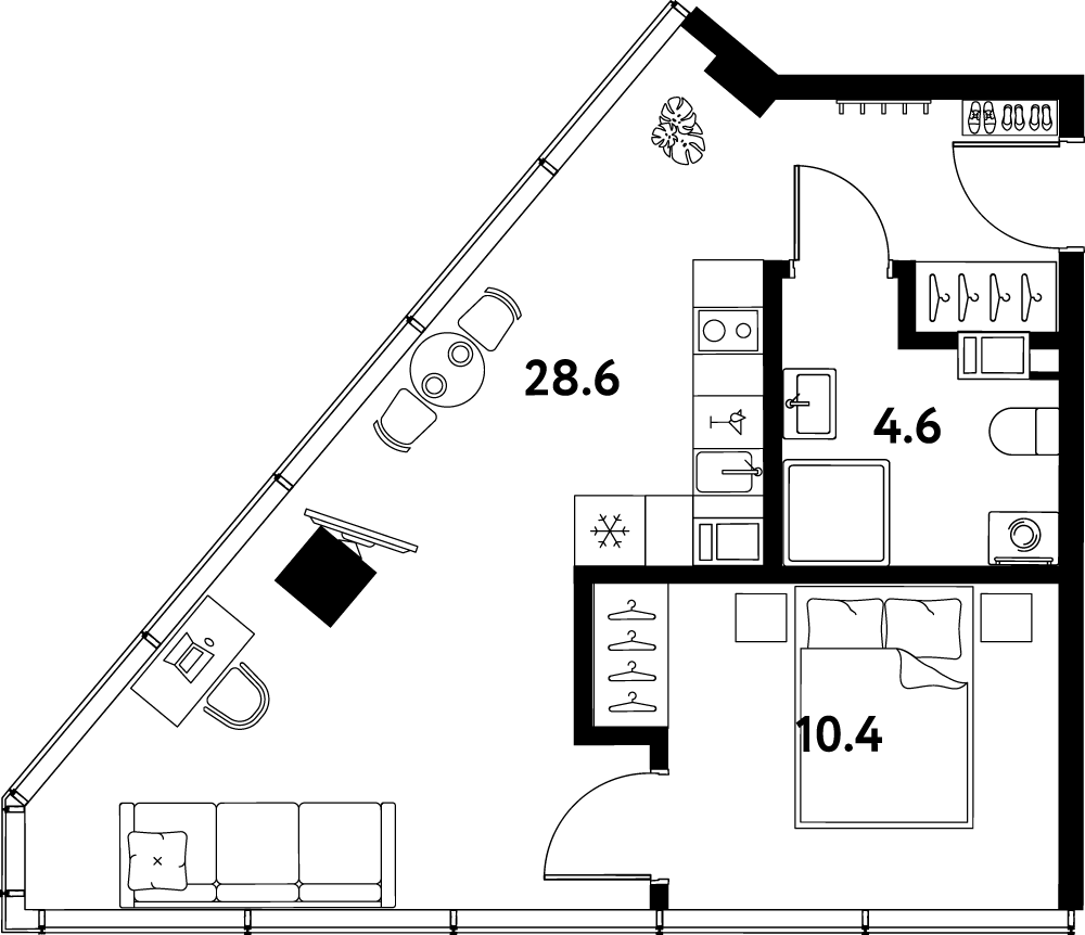 Планировка однокомнатная 43.6 м² в ЖК «МОСКО», корпус 1