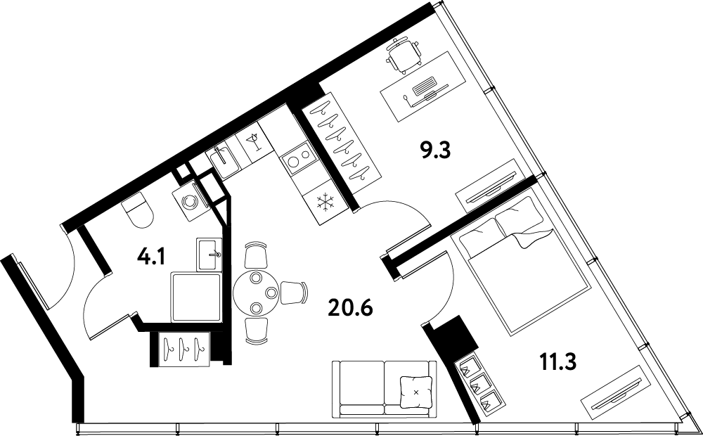 Планировка двухкомнатная 45.3 м² в ЖК «МОСКО», корпус 1