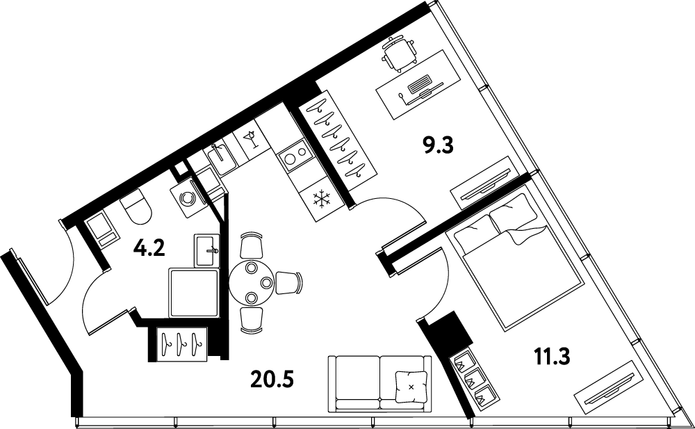 Планировка двухкомнатная 45.3 м² в ЖК «МОСКО», корпус 1