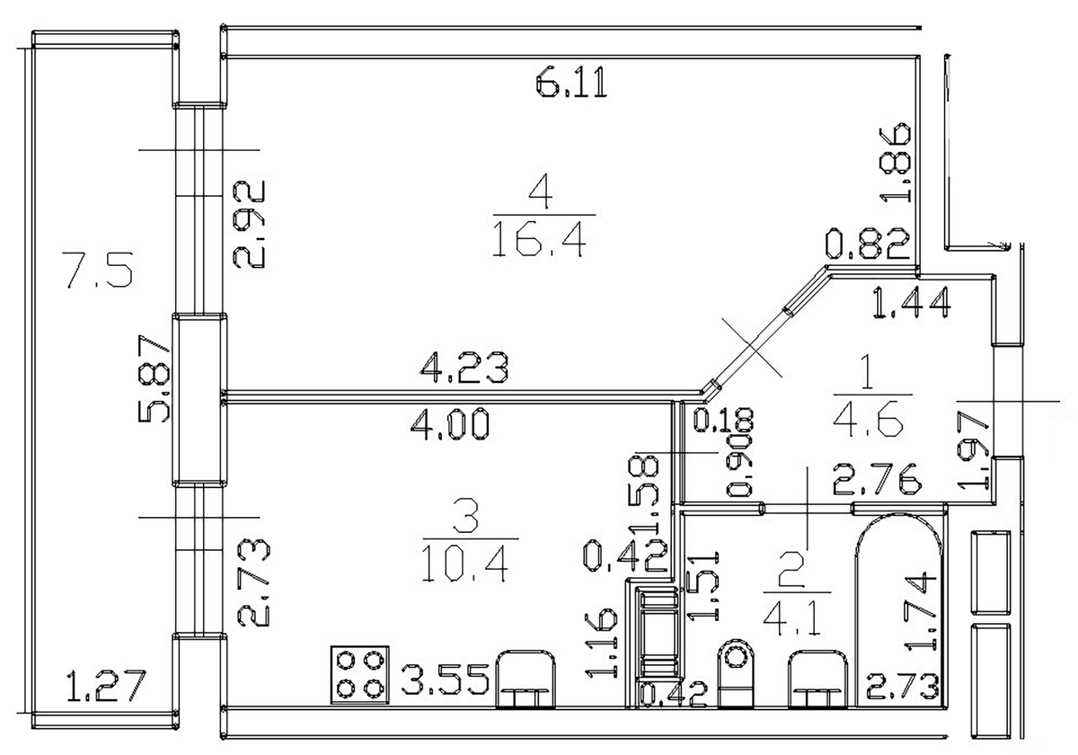 Планировка однокомнатная 39.3 м² в ЖК «Можайский сквер», корпус 1