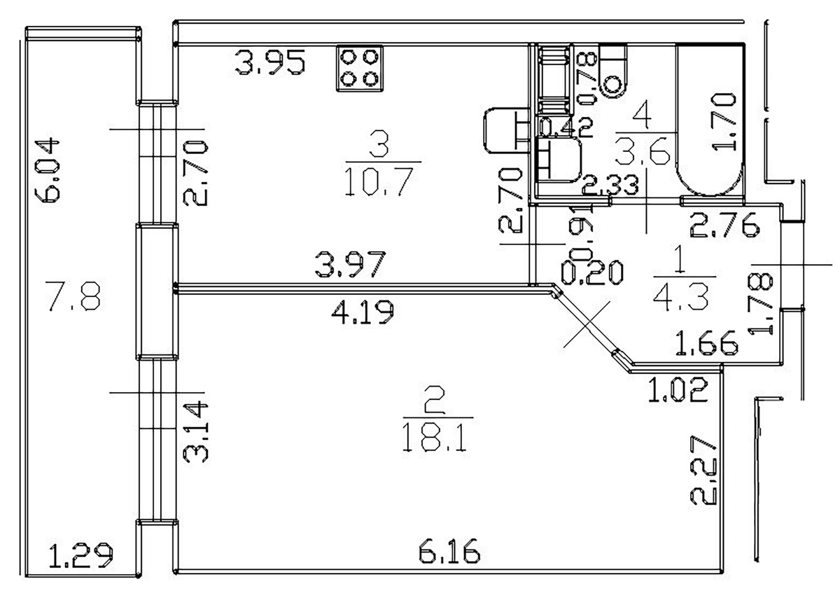 Планировка однокомнатная 40.6 м² в ЖК «Можайский сквер», корпус 1