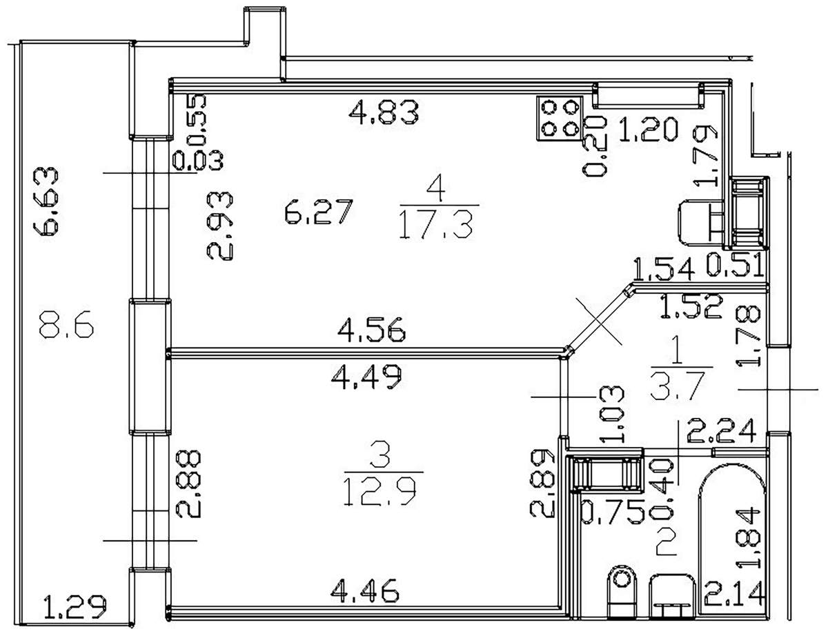 Планировка евродвушка (2Е) 41.8 м² в ЖК «Можайский сквер», корпус 1