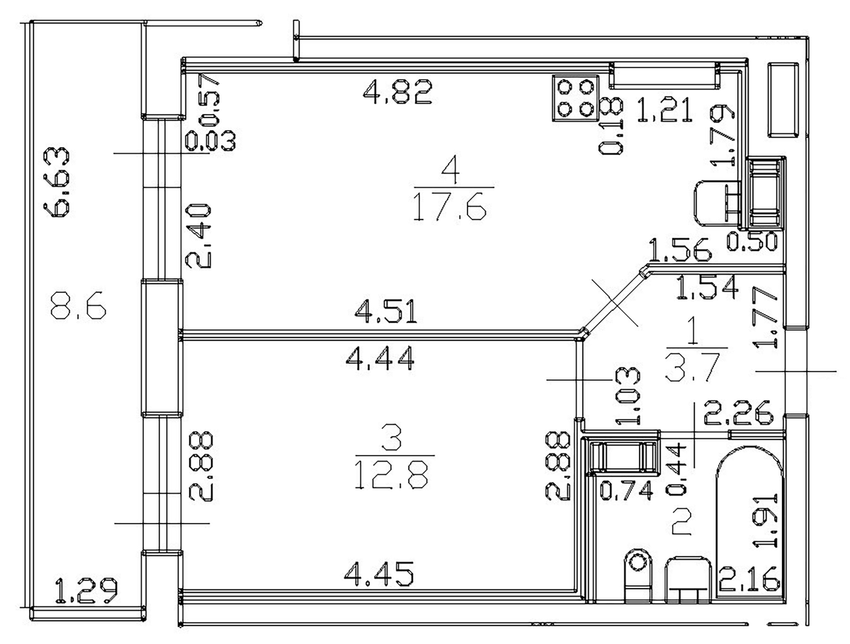 Планировка евродвушка (2Е) 42.2 м² в ЖК «Можайский сквер», корпус 1