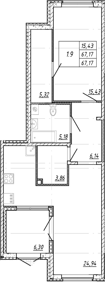 Планировка евродвушка (2Е) 67.17 м² в ЖК «Мурино Space», корпус 6