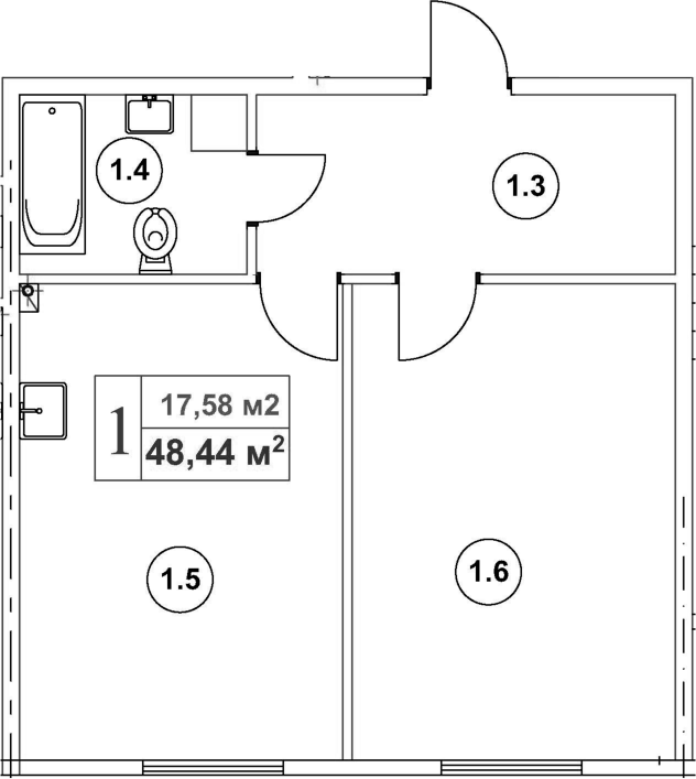 Планировка евродвушка (2Е) 48.38 м² в ЖК «Мьюзик Парк», корпус 3А