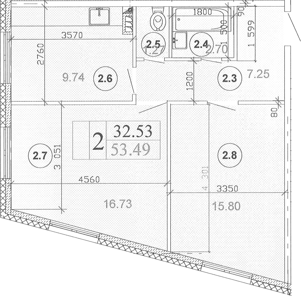 Планировка двухкомнатная 53.49 м² в ЖК «Мьюзик Парк», корпус 4