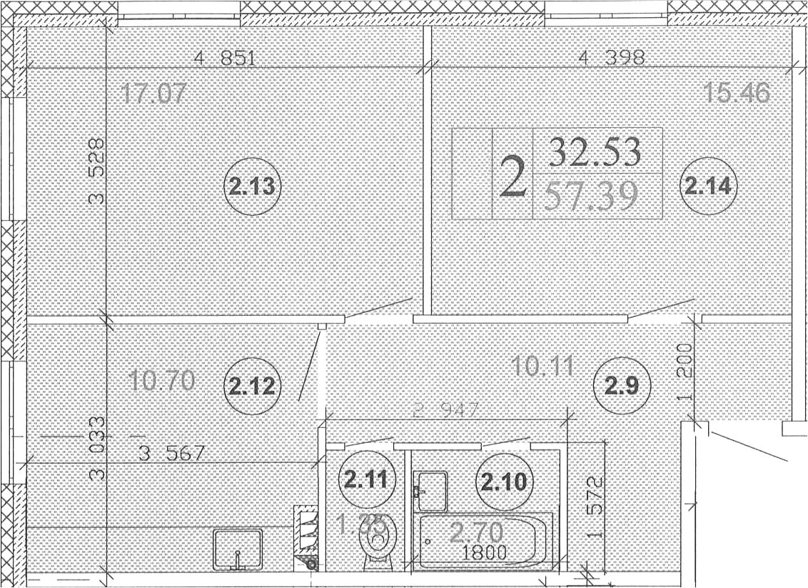 Планировка двухкомнатная 57.39 м² в ЖК «Мьюзик Парк», корпус 4