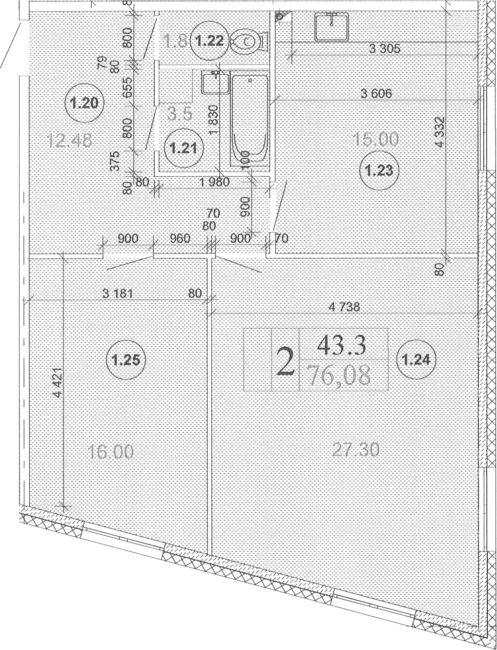Планировка евротрёшка (3Е) 76.08 м² в ЖК «Мьюзик Парк», корпус 4