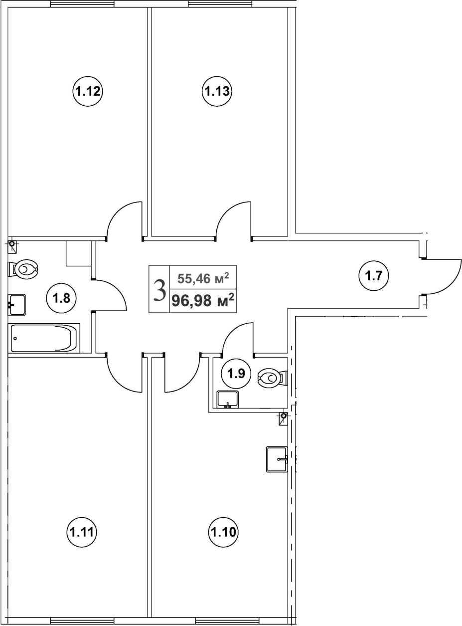 Планировка евро-4 (4Е) 96.98 м² в ЖК «Мьюзик Парк», корпус 3А