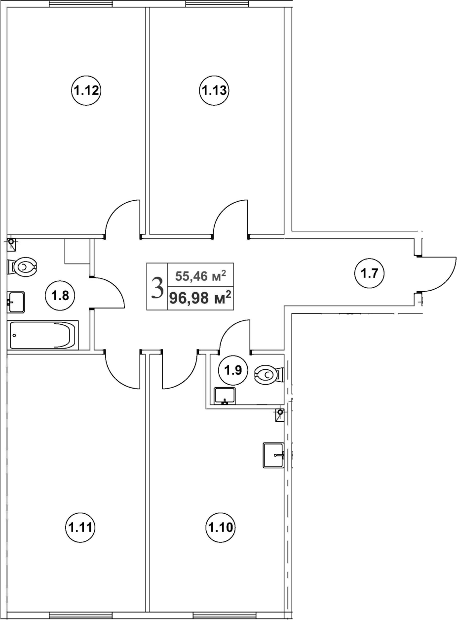Планировка евро-4 (4Е) 98 м² в ЖК «Мьюзик Парк», корпус 3А