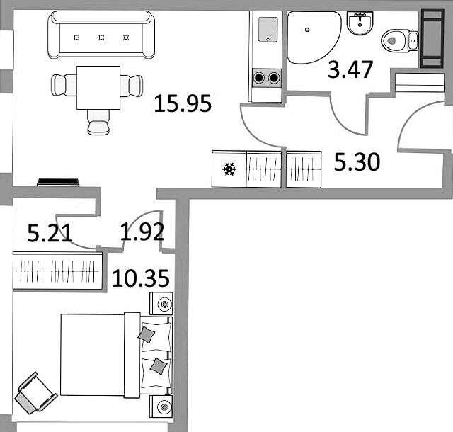 Планировка однокомнатная 41.8 м² в ЖК «Апарт-отель Начало», корпус Речной