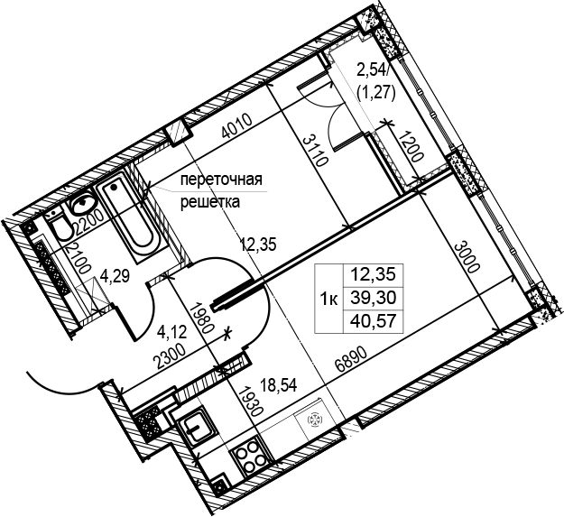 Планировка однокомнатная 40.6 м² в ЖК «Neva Residence», корпус 3