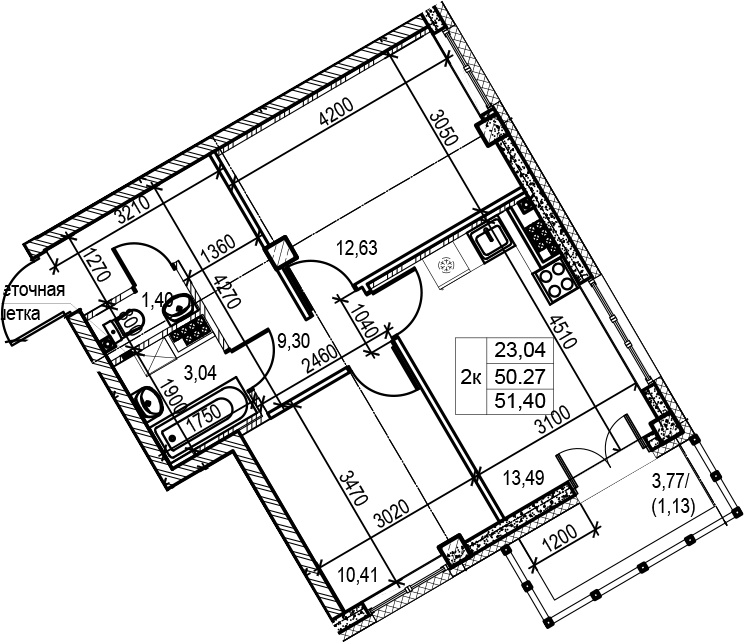 Планировка двухкомнатная 51.5 м² в ЖК «Neva Residence», корпус 3