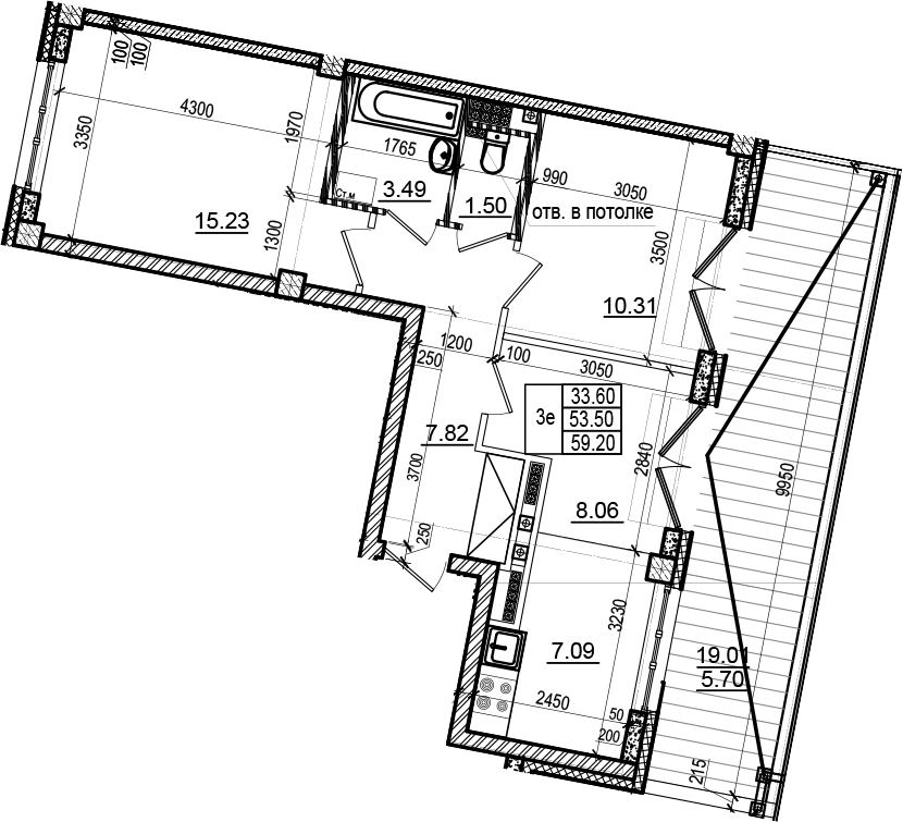 Планировка евротрёшка (3Е) 59.2 м² в ЖК «Neva Residence», корпус 1