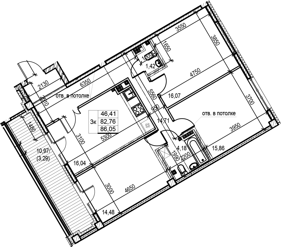 Планировка трёхкомнатная 87.1 м² в ЖК «Neva Residence», корпус 3