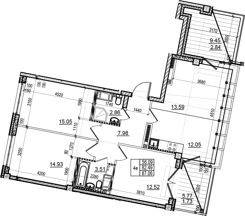 Планировка евро-4 (4Е) 86.4 м² в ЖК «Neva Residence», корпус 1
