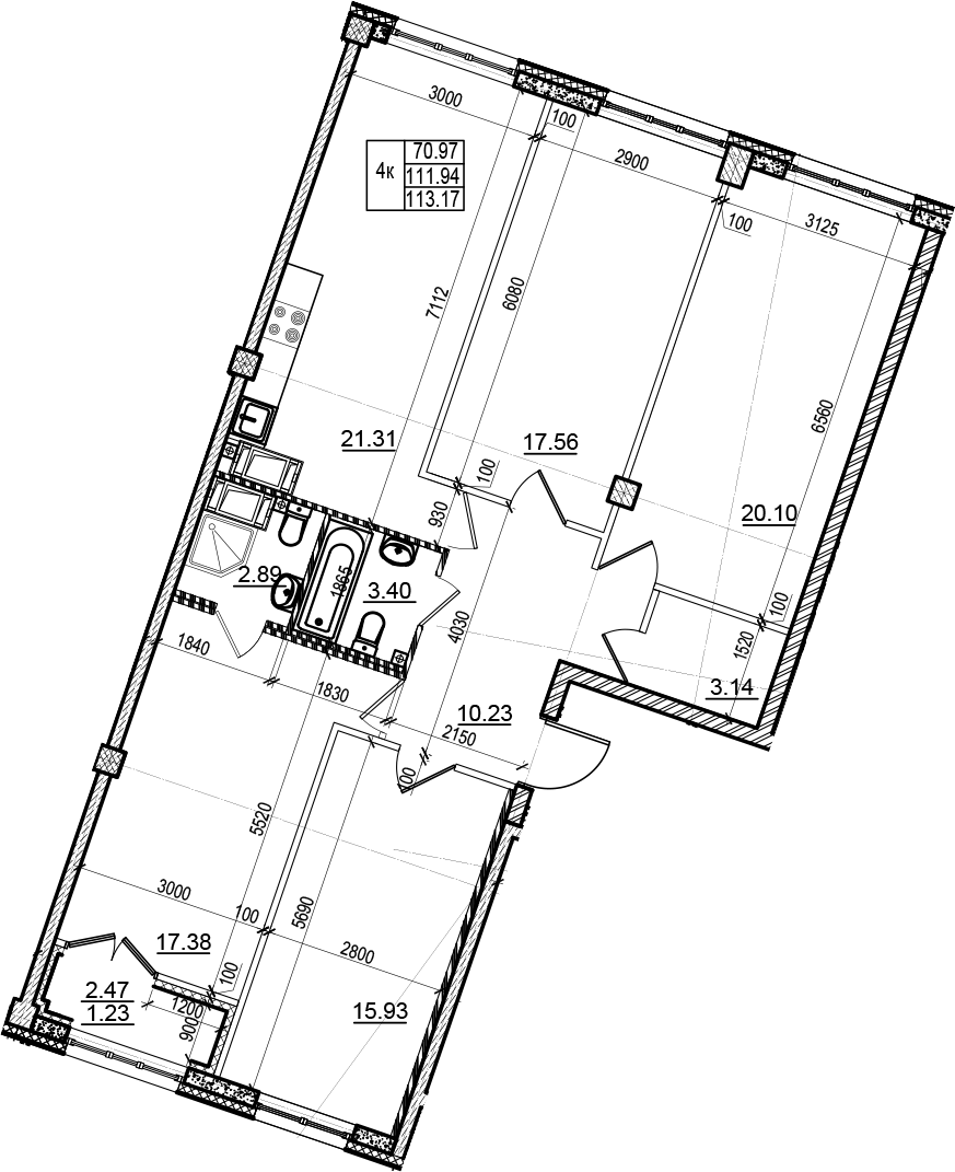 Планировка четырёхкомнатная 113 м² в ЖК «Neva Residence», корпус 1