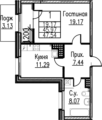 Планировка однокомнатная 47.6 м² в ЖК «Neva Haus», корпус 5